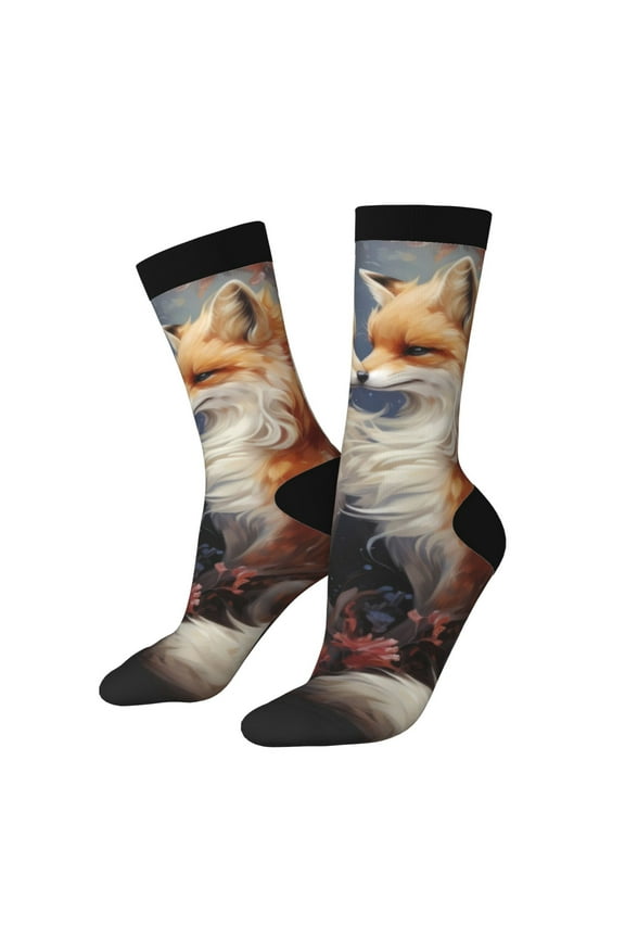 Romantic Flower Fox Couple Print Adult Socks for Men & Women,Calf Socks, Ankle Socks,Boots Socks,Breathable Casual Sock,Unisex Crew Socks