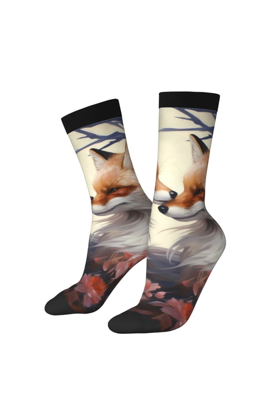 Romantic Flower Fox Print Adult Socks for Men & Women,Calf Socks, Ankle Socks,Boots Socks,Breathable Casual Sock,Unisex Crew Socks