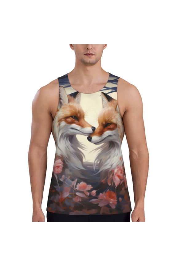 Romantic Flower Fox Print Men's Workout Tank Top,Quick Dry Workout Tank Top,Gym Muscle Tee,Fitness Bodybuilding Sleeveless T Shirt-Large