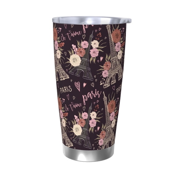 Logiee Romantic Paris Print 20OZ Car Cup with Lid, Stainless Steel Vacuum Insulated Double Wall Travel Tumbler, Durable Insulated Coffee Mug,Thermal Cup with Straw-Without Straw