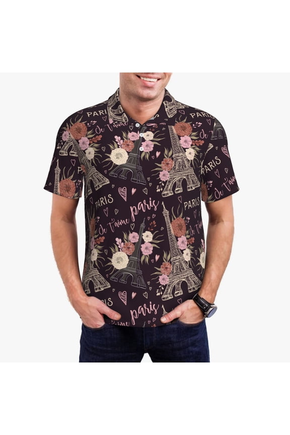 Romantic Paris Print Mens Polo Shirts,Mens Golf Polo Shirts,Short Sleeve Casual Polo Shirts for Men,Summer Fashion Beach Shirts-Small