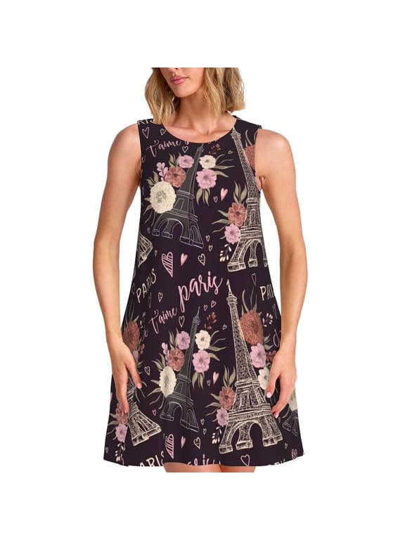 Romantic Paris Print Summer Dresses for Women,Beach Sleeveless Flowy Pocket Tshirt Tank Sundresses,Women's Sleeveless Dress
