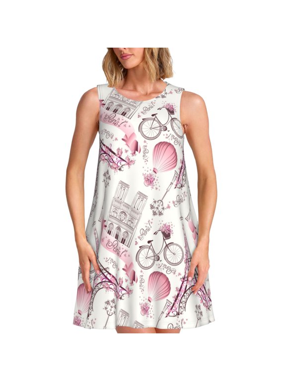Romantic Travel In Paris Print Summer Dresses for Women,Beach Sleeveless Flowy Pocket Tshirt Tank Sundresses,Women's Sleeveless Dress