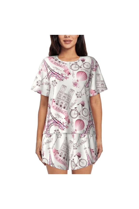 Romantic Travel In Paris Print Womens Pajamas Set,Short-Sleeve Pajama 2 Piece Sleepwear with Pockets-X-Large