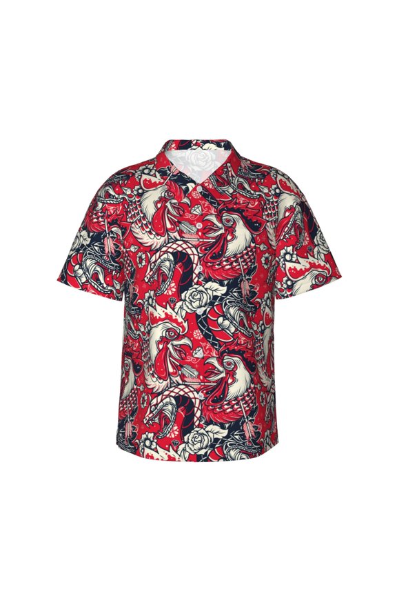 Rooster Head Print Mens Hawaiian Shirts,Loose-Fit Short Sleeve Button Down Tropical Aloha Beach Shirt,Summer Vacation Wedding Tops,Large