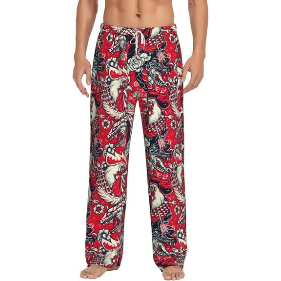 Logiee Rooster Head Print Pajama Pants for Men,Men’s Pajama Bottoms,Mens PJ Pants with Pockets & Button Fly-X-Large