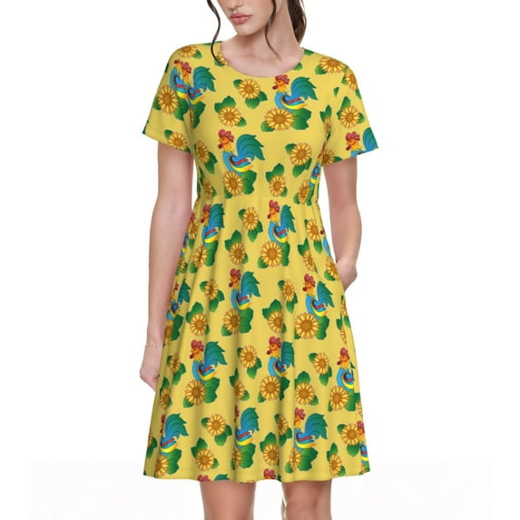 Logiee Roosters And Sunflowers Print Womens Summer Dress,Casual Short Sleeve Sundresses,Beach A-line Shift Dress with Pockets
