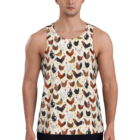 Logiee Roosters and Chickens Print Men's Workout Tank Top,Quick Dry Workout Tank Top,Gym Muscle Tee,Fitness Bodybuilding Sleeveless T Shirt-Large