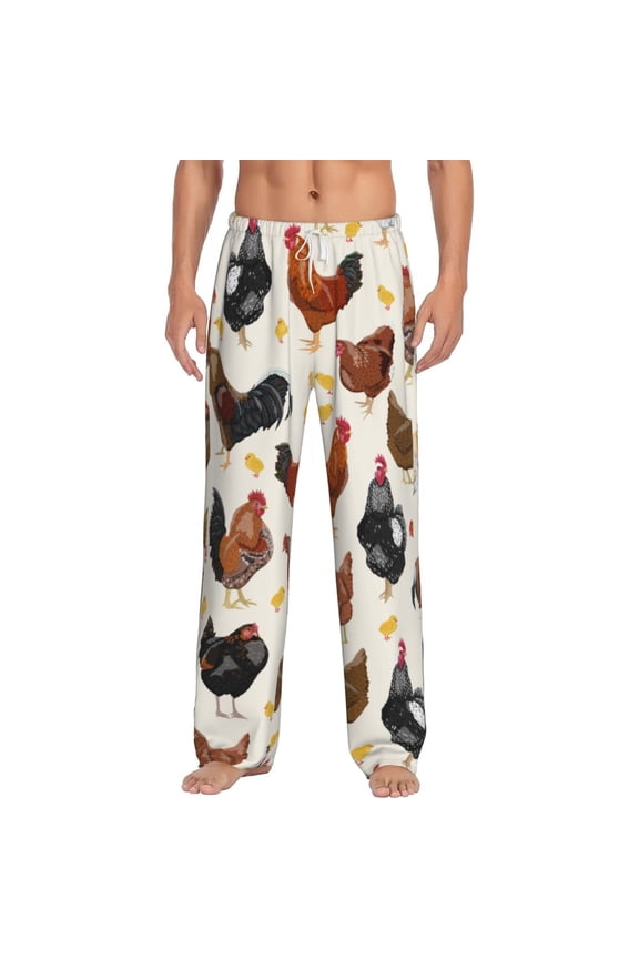 Roosters and Chickens Print Pajama Pants for Men,Men’s Pajama Bottoms,Mens PJ Pants with Pockets & Button Fly-3X-Large