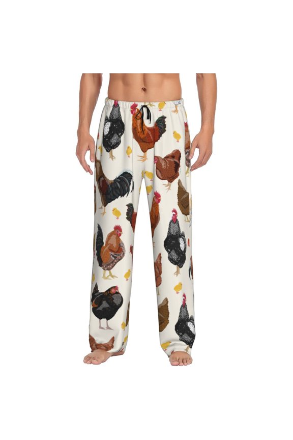 Roosters and Chickens Print Pajama Pants for Men,Men’s Pajama Bottoms,Mens PJ Pants with Pockets & Button Fly-X-Large