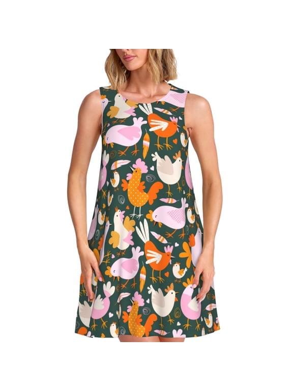 Roosters and Chicks Print Summer Dresses for Women,Beach Sleeveless Flowy Pocket Tshirt Tank Sundresses,Women's Sleeveless Dress