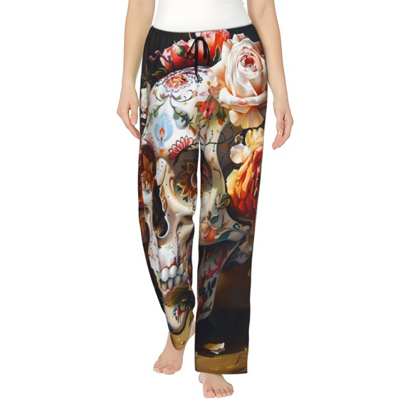 Logiee Rose Floral Skull Print Women Pajama Pants,Comfy Pj Bottom with Pockets & Drawstring,Stretch Casual Sleepwear-X-Large