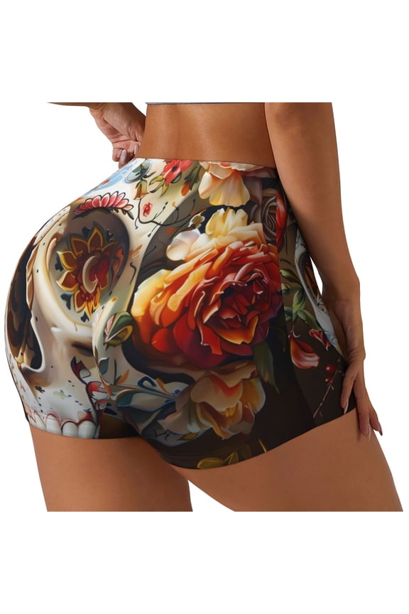 Rose Floral Skull Print Women's Biker Shorts,Workout Gym Shorts,Scrunch Shorts,Tummy Control Hidden Scrunch Running Yoga Shorts-Large