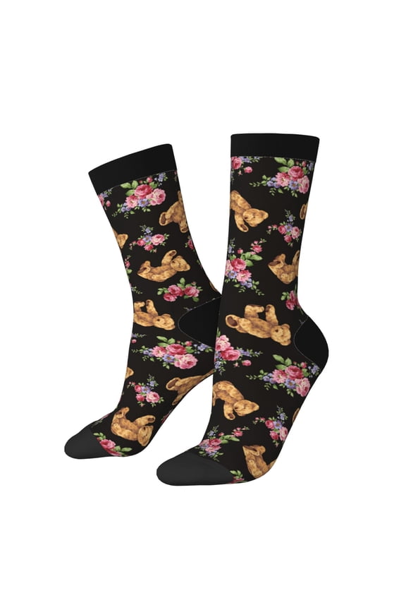 Rose Flower Bear Print Adult Socks for Men & Women,Calf Socks, Ankle Socks,Boots Socks,Breathable Casual Sock,Unisex Crew Socks