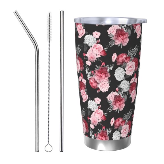 Logiee Rose Flowers Print 20OZ Car Cup with Lid, Stainless Steel Vacuum Insulated Double Wall Travel Tumbler, Durable Insulated Coffee Mug,Thermal Cup with Straw-Straw Three-piece Set