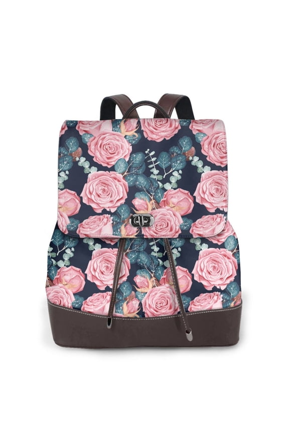 Rose Flowers Print Women's Leather Backpack,Travel Laptop Backpack,Fashion Ladies Leather Backpack Bag for Travel,Leather Drawstring Daypack for Me