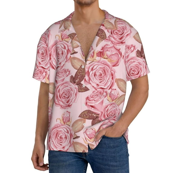 Logiee Rose Flowers Print Men's Button Down Shirts Short Sleeve, Summer Beach Shirts,Vacation Wedding Shirts,Men's Casual Button-Down Shirts with Pocket-3X-Large