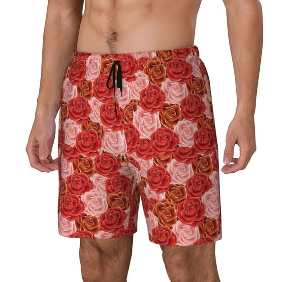 Logiee Rose Flowers Print Men's Swim Trunk,Quick Dry Board Shorts ,Men's Swim Trunks with Compression Liner, Bathing Suits with Pockets-Medium