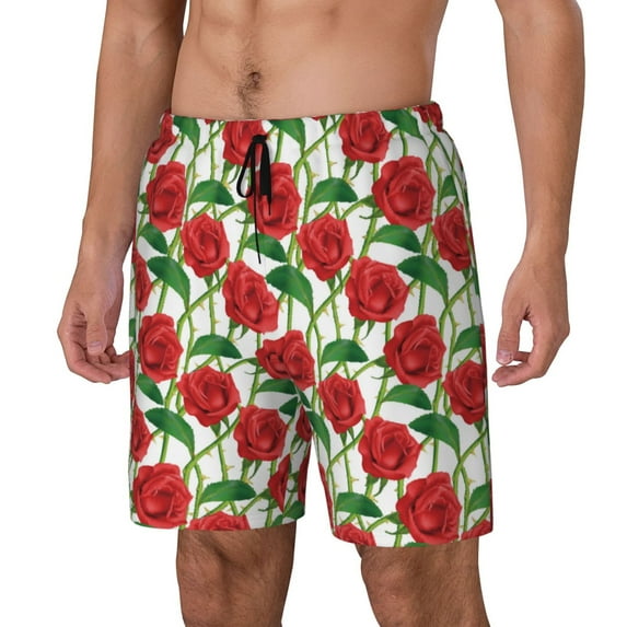 Logiee Rose Flowers Print Men's Swim Trunk,Quick Dry Board Shorts ,Men's Swim Trunks with Compression Liner, Bathing Suits with Pockets-Small