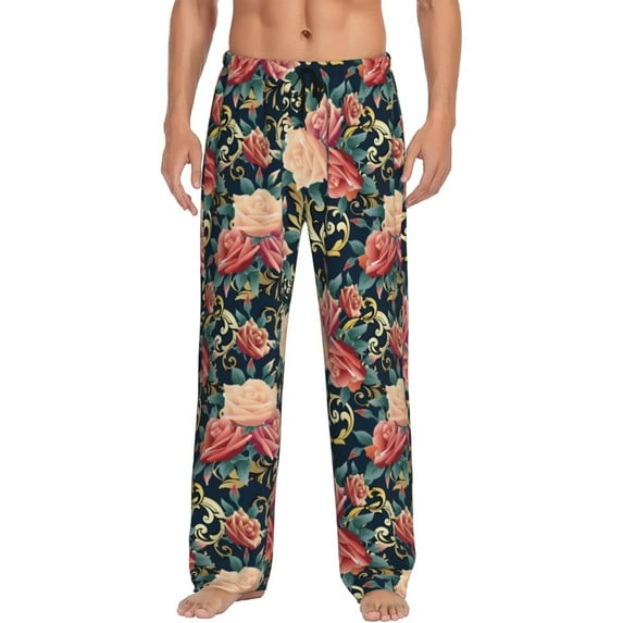 Logiee Rose Flowers Print Pajama Pants for Men,Men’s Pajama Bottoms,Mens PJ Pants with Pockets & Button Fly-Small