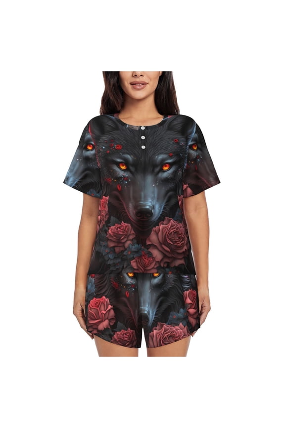 Rose Full Moon Black Wolf Print Womens Pajamas Set,Short-Sleeve Pajama 2 Piece Sleepwear with Pockets-Medium
