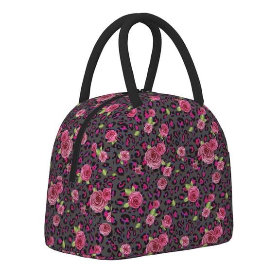Fuzoiu Rose Mix Leopard 2 Print Insulated Lunch Bag for Women Men,Adults Lunch Tote with Front Pocket,Lunch Box with Large Capacity,Container Cooler Bag for Work Picnic