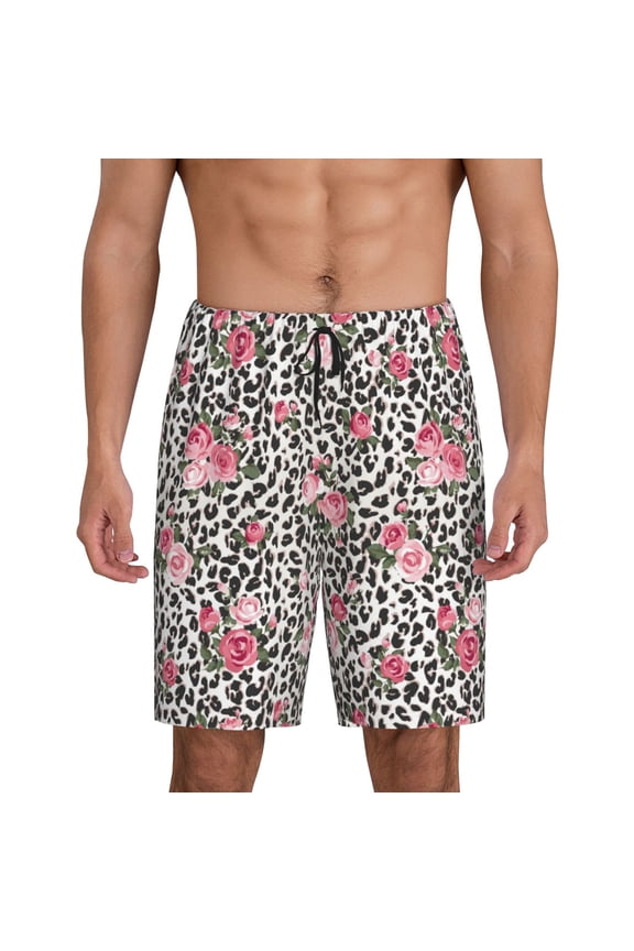 Rose Mix Leopard 3 Print Men's Pajama Shorts with Drawstring & Pockets,Sleep Shorts for Men,Sleepwear Bottoms,Elastic Waistband Loungewear-Large