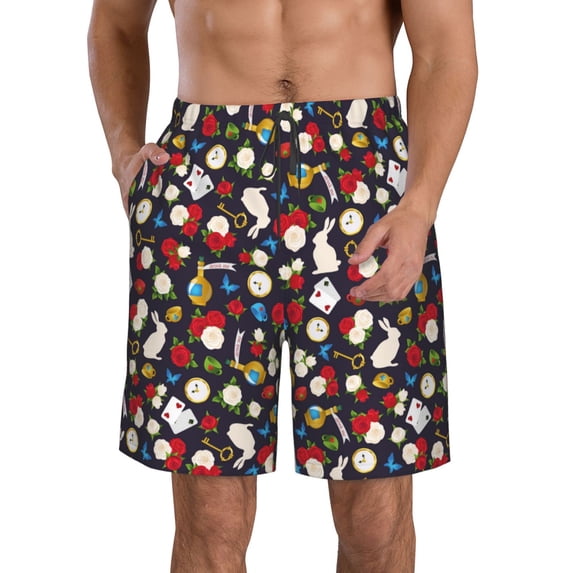 Logiee Rose Rabbit Print Mens Swim Trunks Quick Dry Board Shorts,Breathable Hawaii Beach Shorts Swimwear Bathing Suits-3X-Large