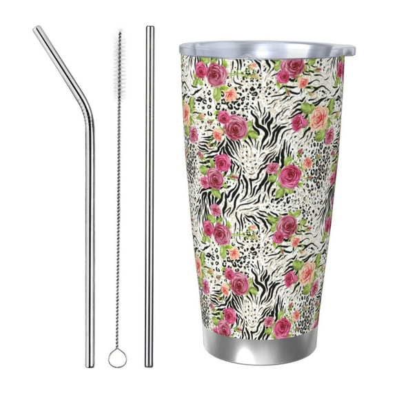 Logiee Roses Mixed Zebra Print 20OZ Car Cup with Lid, Stainless Steel Vacuum Insulated Double Wall Travel Tumbler, Durable Insulated Coffee Mug,Thermal Cup with Straw-Straw Three-piece Set