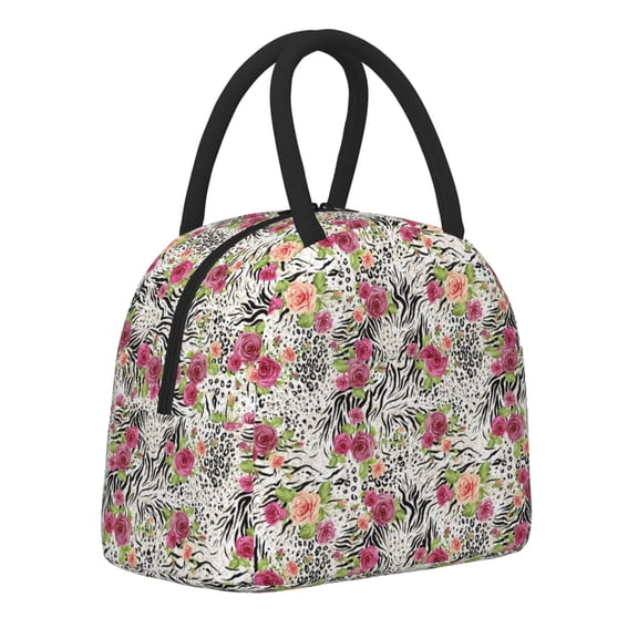 Logiee Roses Mixed Zebra Print Lunch Bag for Women & Men,Adult Insulated Lunch Box,Food Lunch Containers,Reusable High Capacity Lunch Tote Bags for Work, Travel, Outdoor