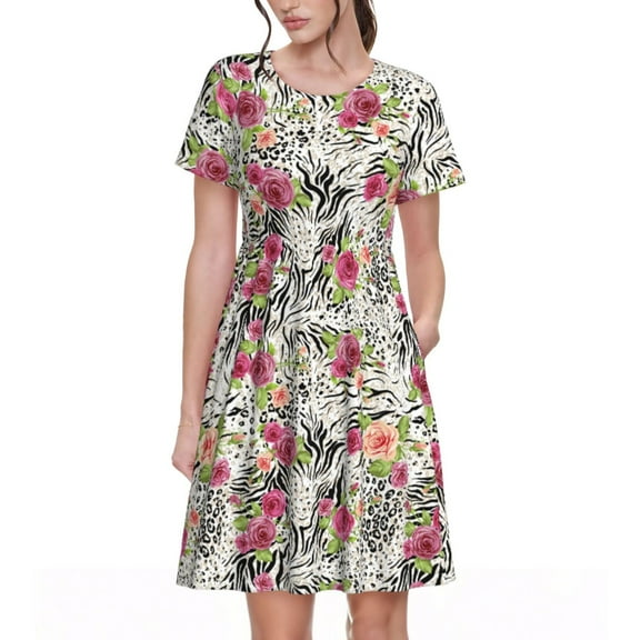 Logiee Roses Mixed Zebra Print Womens Summer Dress,Casual Short Sleeve Sundresses,Beach A-line Shift Dress with Pockets