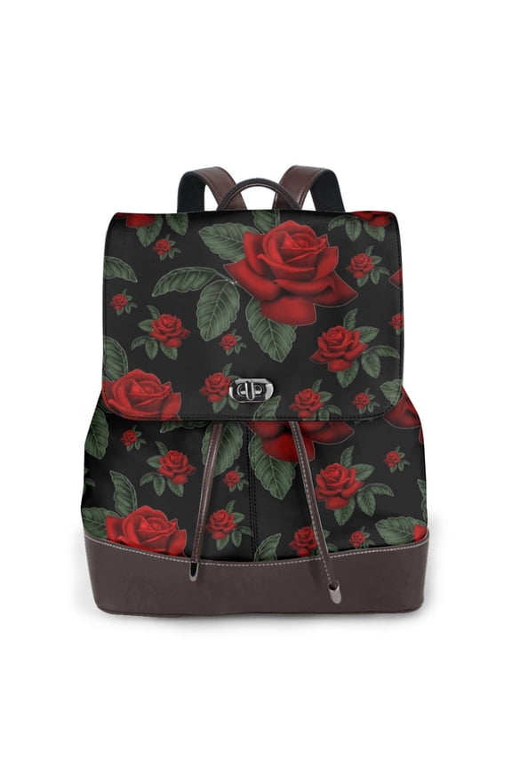 Roses Print Women's Leather Backpack,Travel Laptop Backpack,Fashion Ladies Leather Backpack Bag for Travel,Leather Drawstring Daypack for Me