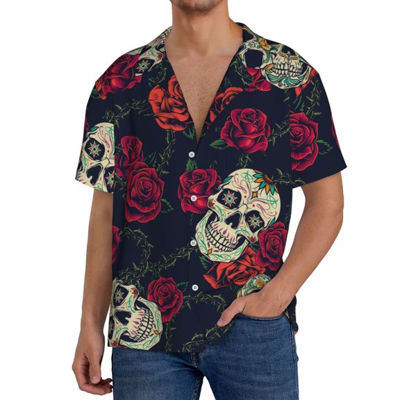 Logiee Roses Skulls Print Men's Button Down Shirts Short Sleeve, Summer Beach Shirts,Vacation Wedding Shirts,Men's Casual Button-Down Shirts with Pocket-Medium