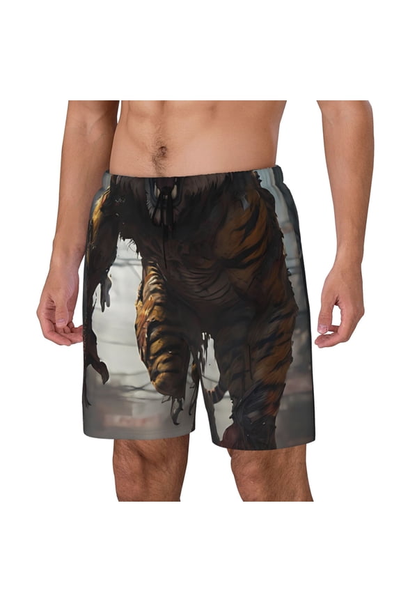 Ruins Tiger Warrior Print Men's Swim Trunk,Quick Dry Board Shorts ,Men's Swim Trunks with Compression Liner, Bathing Suits with Pockets-3X-Large