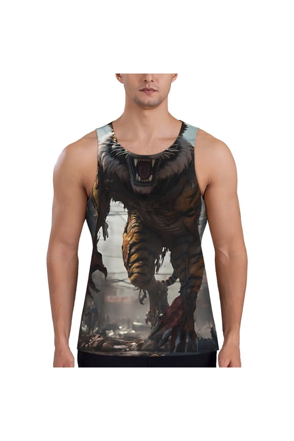Ruins Tiger Warrior Print Men's Workout Tank Top,Quick Dry Workout Tank Top,Gym Muscle Tee,Fitness Bodybuilding Sleeveless T Shirt-Medium
