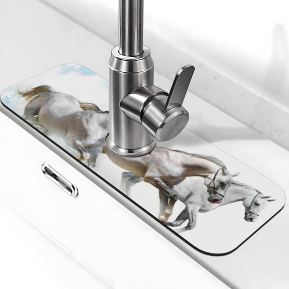 Logiee Running White Horses Print Kitchen Sink Splash Guard Faucet Mat for Splash Guard Behind Faucet Drip Catcher for Kitchen,Bathroom,Sink Mat,Dish Drying Mat,Bathroom-15" X 5.5"