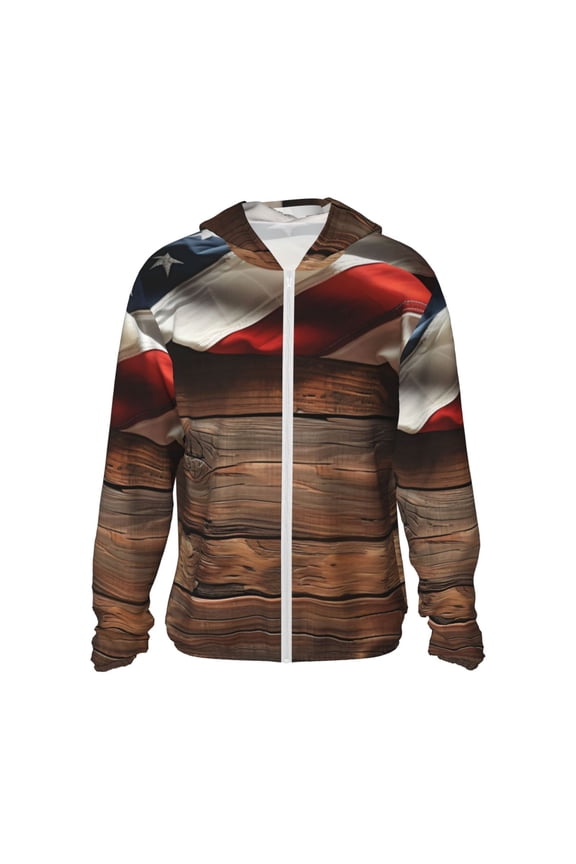 Rustic American Flag Wood Print Men's Women Light Jacket Full Zip Sun Protection Hoodie Long Sleeve Sun Shirts for Men Hiking Fishing Zip Pockets-Small