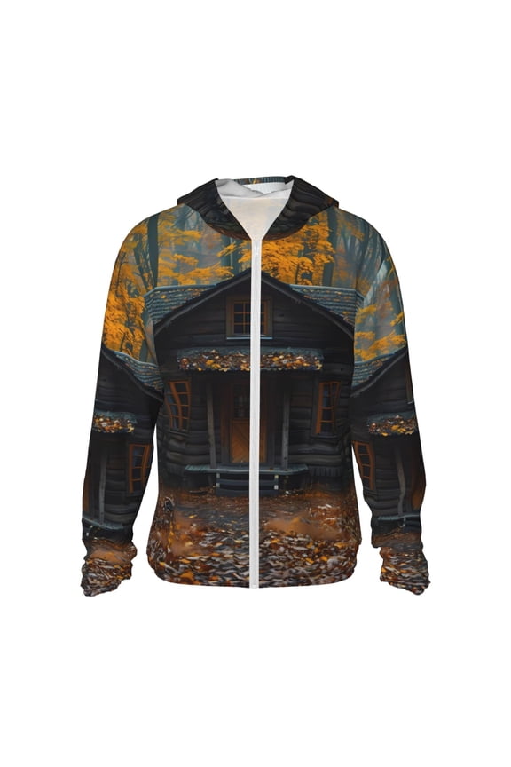 Rustic Cabin Autumn Forest Print Men's Women Light Jacket Full Zip Sun Protection Hoodie Long Sleeve Sun Shirts for Men Hiking Fishing Zip Pockets-3X-Large