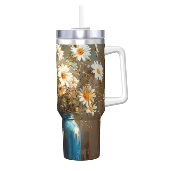 Logiee Rustic Daisy Mason Jars Print 40OZ Ice Bully Cup with Handle and Straw, Double Wall Stainless Steel Tumbler,Travel Coffee Cup with Lid, Summer Insulation and Cooling Cup