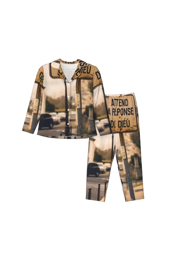 Rustic French Signpost Print Womens Pajamas Set,Long Sleeve Sleepwear,Button Down Lounge Set 2 Pieces,Soft Nightwear Pjs Set-Small