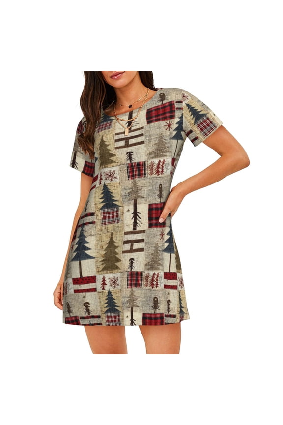 Rustic Plaid Forest Lodge Print Nightgowns for Women,Soft Short-Sleeved Lightweight Sleepwear, Loose Sleepshirts