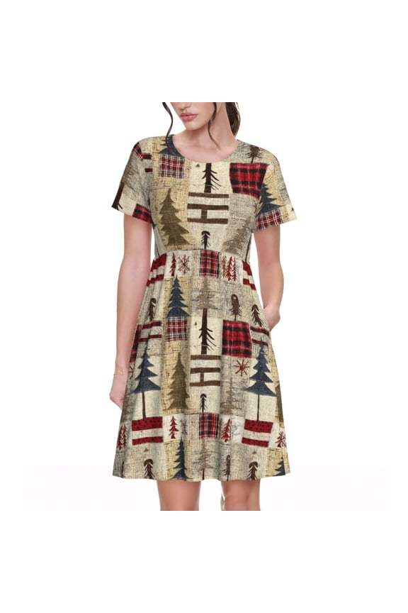 Rustic Plaid Forest Lodge Print Womens Summer Dress,Casual Short Sleeve Sundresses,Beach A-line Shift Dress with Pockets