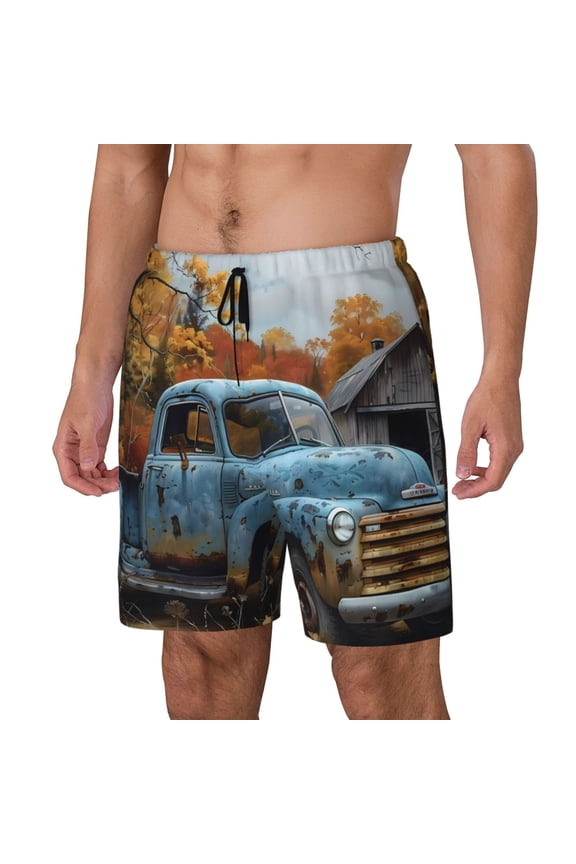 Rustic Vintage Truck Autumn Print Men's Swim Trunk,Quick Dry Board Shorts ,Men's Swim Trunks with Compression Liner, Bathing Suits with Pockets-Large