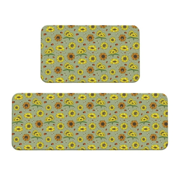 Logiee Sage Green With Sunflowers Print Kitchen Mats for Floor Sets of 2,Waterproof Kitchen Rugs,Non Slip Comfort Standing Mat Rug for Home,Runner,Sink,Office,Laundry