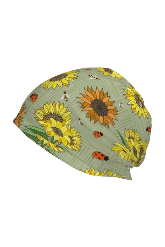Sage Green With Sunflowers Print Unisex Knit Beanie for Men Women Winter Hat,Beanies Skull Caps
