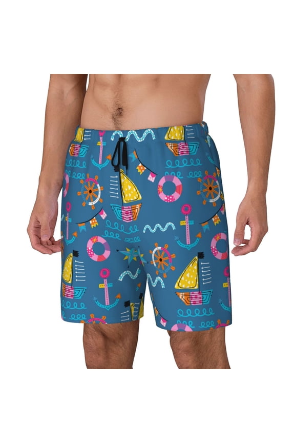 Sailboat With Sailing Print Men's Swim Trunk,Quick Dry Board Shorts ,Men's Swim Trunks with Compression Liner, Bathing Suits with Pockets-Medium
