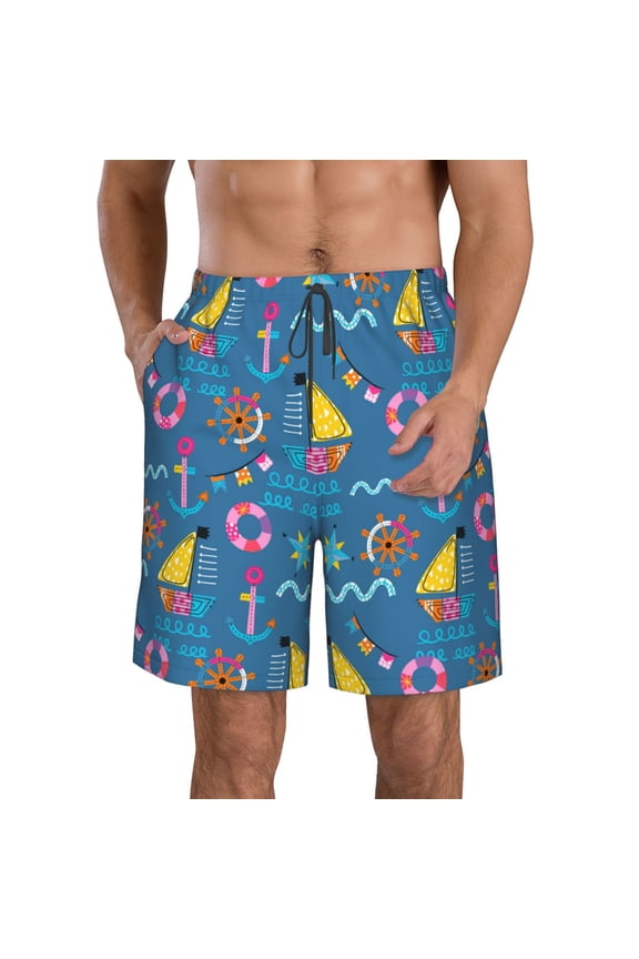 Sailboat With Sailing Print Mens Swim Trunks Quick Dry Board Shorts,Breathable Hawaii Beach Shorts Swimwear Bathing Suits-Large