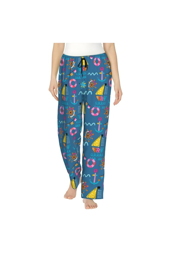 Sailboat With Sailing Print Women Pajama Pants,Comfy Pj Bottom with Pockets & Drawstring,Stretch Casual Sleepwear-Small