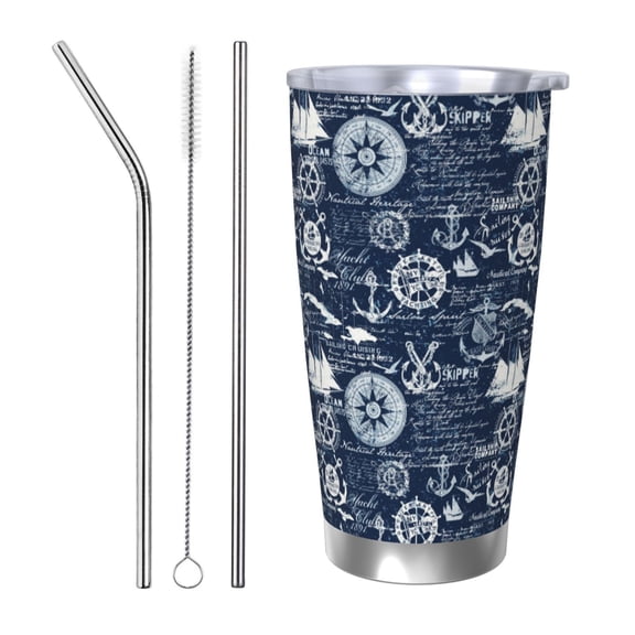 Logiee Sailing Cruises Nautical Print 20OZ Car Cup with Lid, Stainless Steel Vacuum Insulated Double Wall Travel Tumbler, Durable Insulated Coffee Mug,Thermal Cup with Straw-Straw Three-piece Set
