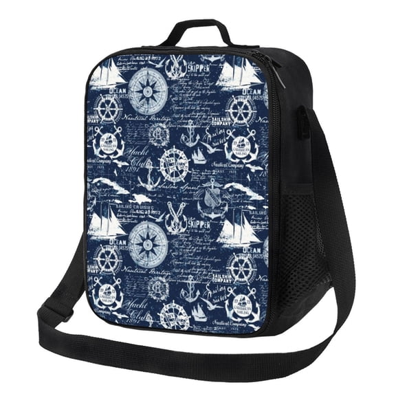 Logiee Sailing Cruises Nautical Print Insulated Lunch Bag for Women/Men, Reusable Lunch Box for Office Work School Picnic Beach,Leakproof Freezable Cooler Bag with Shoulder Strap